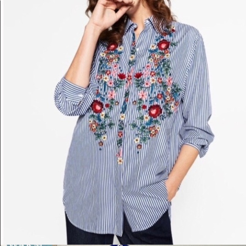 Zara flower embroidered striped button down shirt